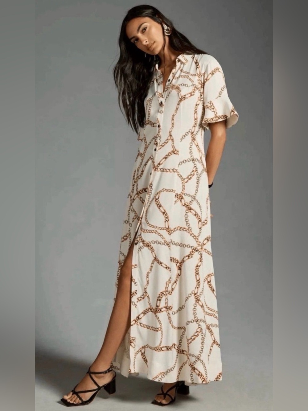 Anthropologie Maeve Gold Chain Maxi Shirt Dress, size S